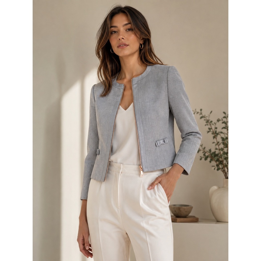 Ted Baker Grey Textured Zip Front Blazer Jacket with Bow Details Size 1 XS
